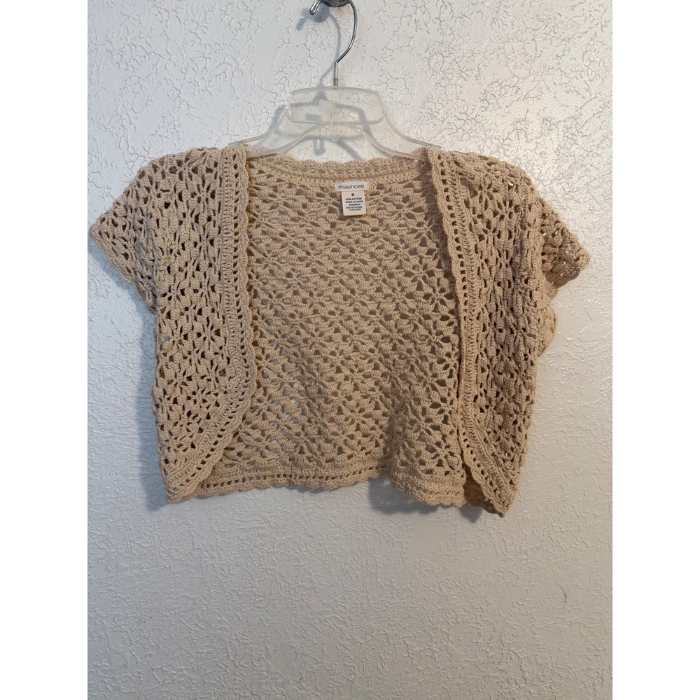 Maurices Womens Beige Crochet Cotton Shrug Short Sleeve Bolero Sweater Medium